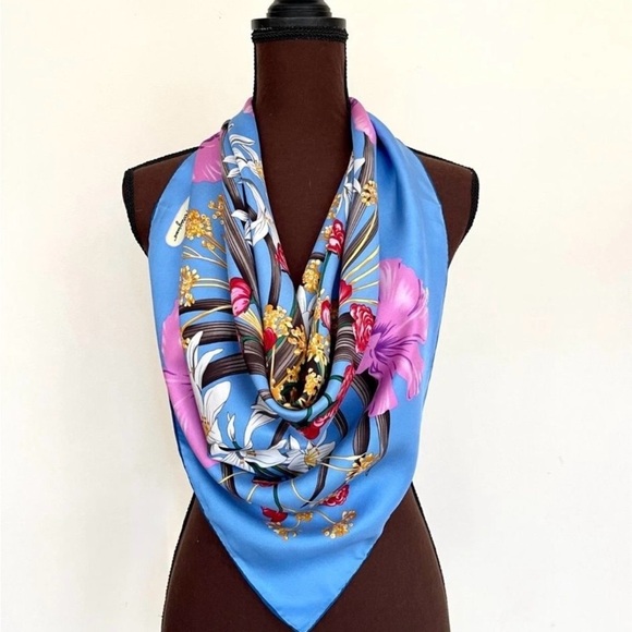 Salvatore Ferragamo Blue and Pink Floral Silk Scarf - Picture 2 of 15